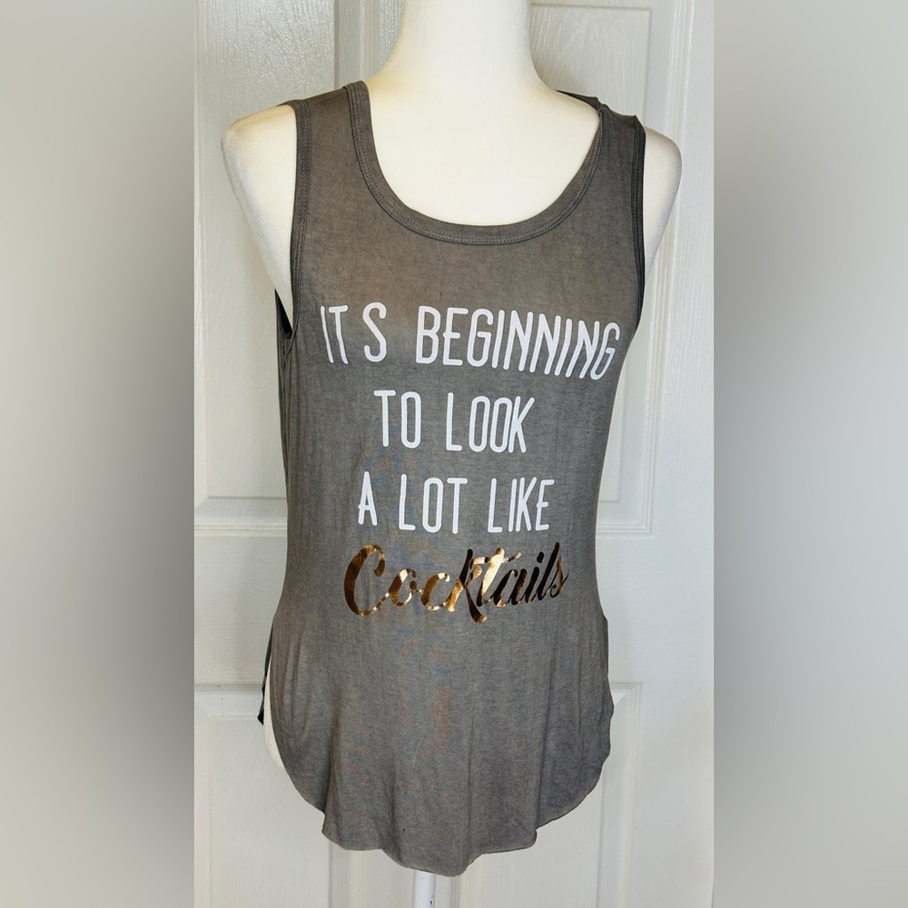 Studio 908 Gray Tank Top with Gold Lettering Razor Back Sleeveless Size Small